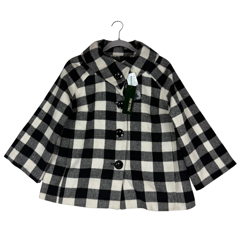 NWT For Cynthia Jacket Womens Medium Black White Plaid Button 3/4 Sleeve Lined